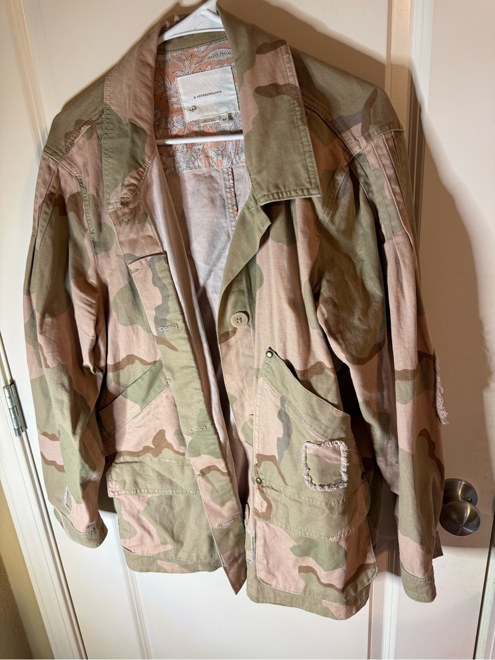 Anthropologie Camo Utility Jacket XL Pink Green Distressed Military Style